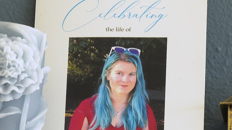 This image from video shows a photo of Emily Normandin-Parker on her memorial program at her...