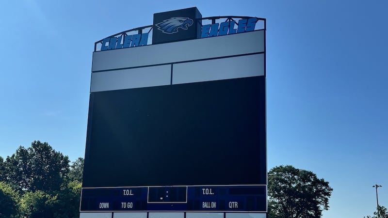 The new video board is in place at Ricky M Cairns Memorial Stadium in Calera, Ala.