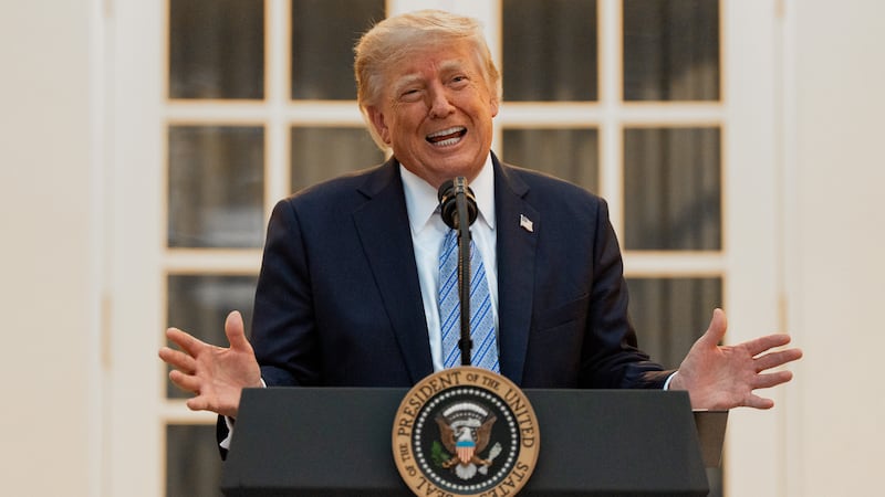 President Donald Trump speaks during a dinner in the Rose Garden of the White House, Thursday,...
