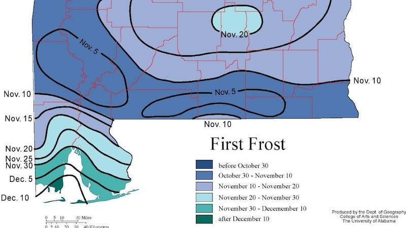 Average first frost and freeze dates for central AL