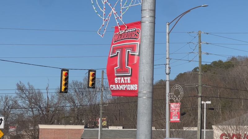 City of Alabaster raises state championship banners to honor Thompson Warriors state football...