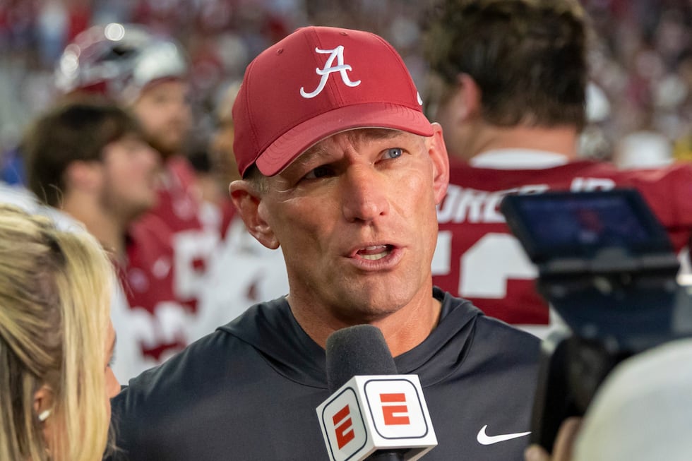 Alabama head coach Kalen DeBoer talks with ESPN after an NCAA college football game against...