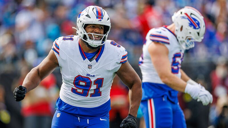 Buffalo Bills defensive tackle Ed Oliver (91) celebrates a sack during an NFL football game...