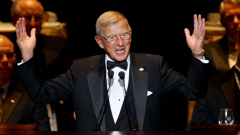 FILE - In this Dec. 9, 2008, file photo, Coach Lou Holtz, 2008 Hall of Fame recipient from...