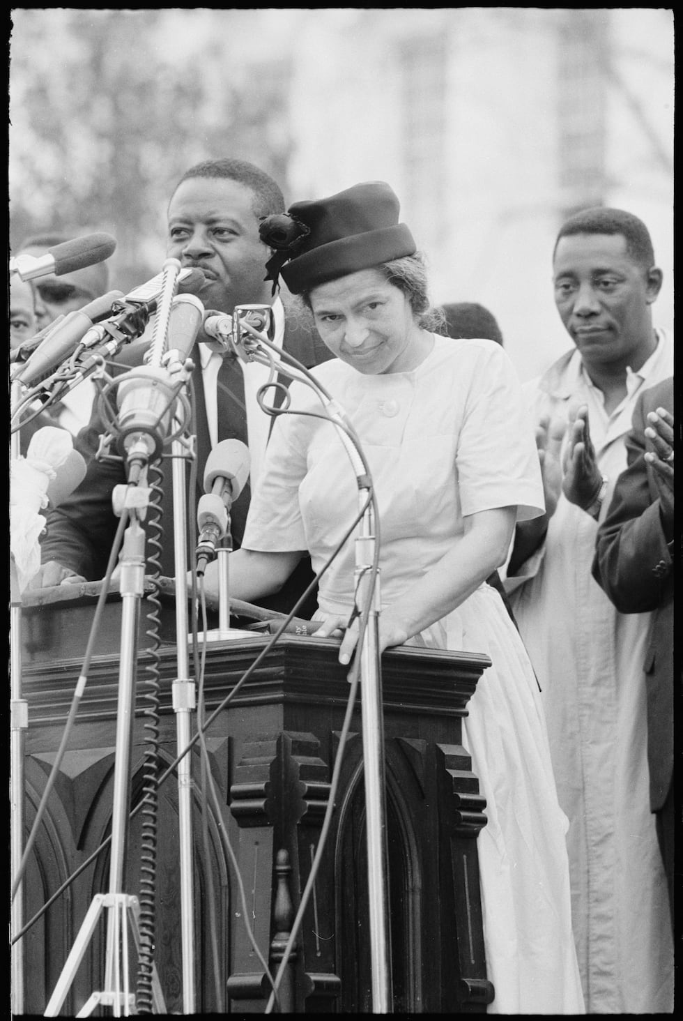 Rosa Parks delivers remarks in front of the Alabama State Capitol at the conclusion of the 54...