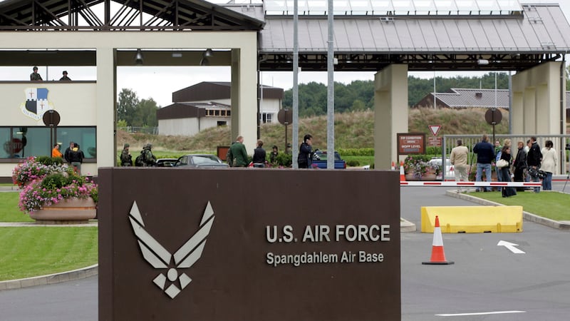 FILE - The main entrance of US airbase in Spangdahlem, western Germany, is seen on Sept. 11,...