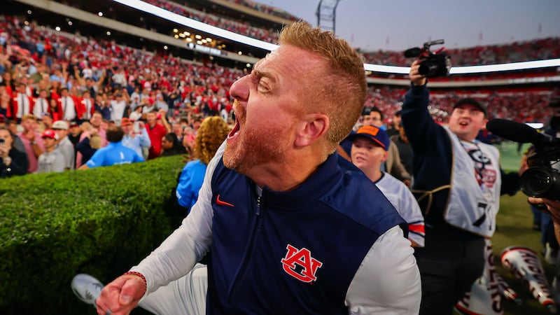 Auburn head coach Alex Golesh reacts after an NCAA college football game against Georgia,...