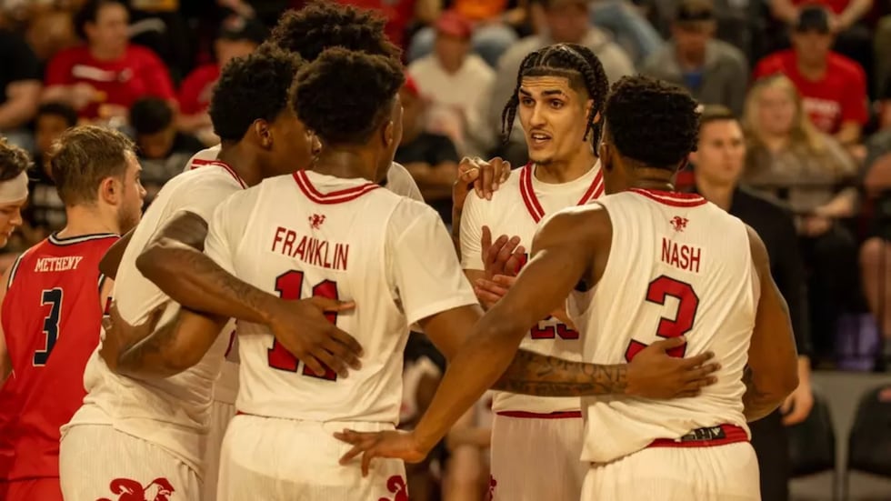 Jacksonville State players huddle during their game against Liberty on Sat., Feb 28, 2026.