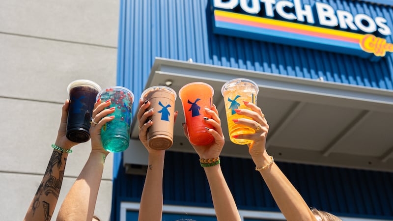 A lineup of drinks outside a Dutch Bros location