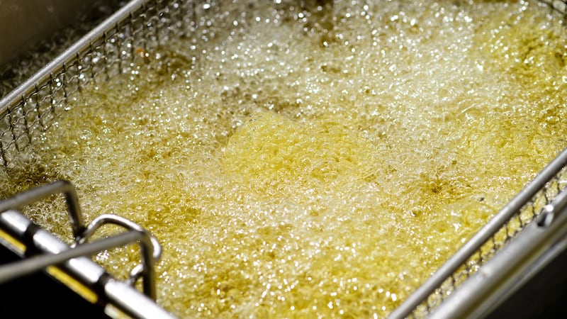 French fries cooking. Grid with strips of potato lowered into boiling oil. The concept of fast...