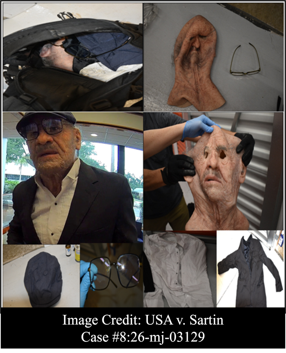 The suspect used a prosthetic mask and a bicycle in the heists, officials in Florida said.