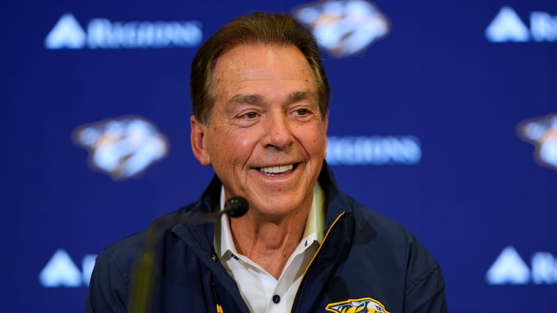 Nick Saban speaks during a news conference announcing his minority ownership of the Nashville...