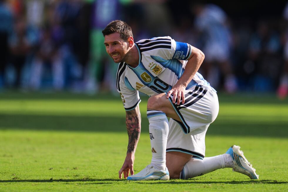 Argentina's Lionel Messi (10) reacts after heading the ball during the World Cup final soccer...
