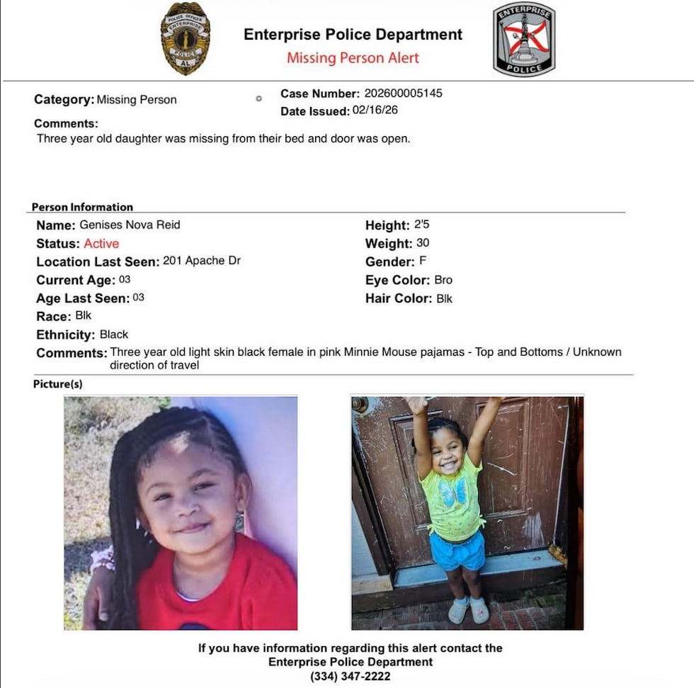 Enterprise, AL police issue this flyer in hopes of locating a missing girl on February 16, 2026.
