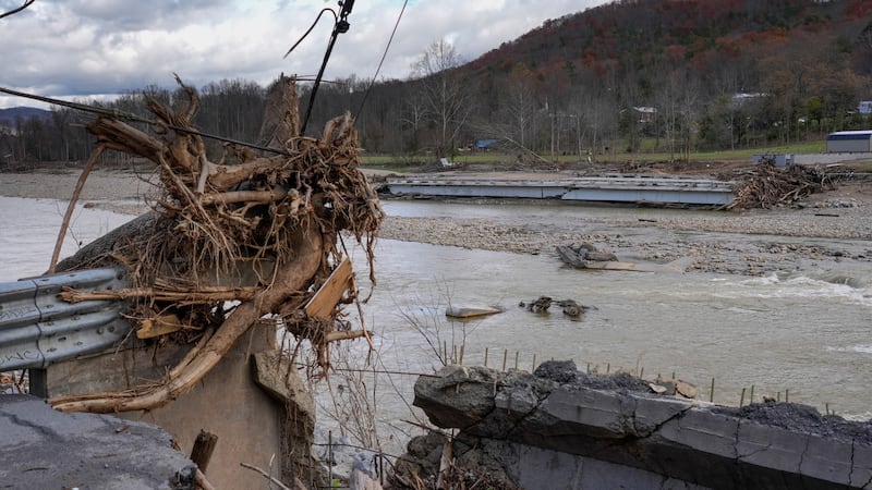 FILE: Flood debris from Hurricane Helene is seen on the banks of the Nolichucky River, Friday,...