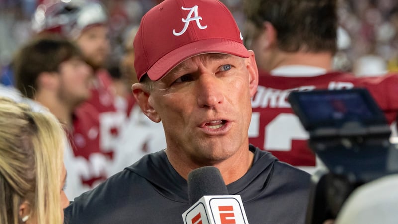 Alabama head coach Kalen DeBoer speaking after Crimson Tide win over Texas A&M